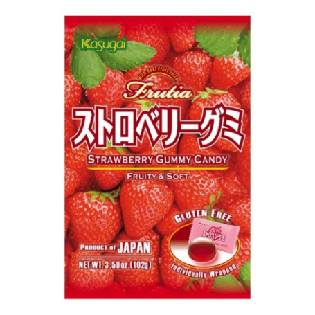 STOP MADSPILD (BEDST FØR 14/11/25) - Kasugai Frutia Gummy Strawberry - Lækre, bløde japanske vingummier med ægte frugtjuice! Super aromatiske med smag af jordbær.