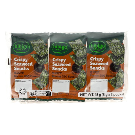 Bibigo Korean BBQ Nori Tang Snack (3x5g) - 3 pakker á 5g nori tangsnacks med lækker smag af sød og krydret koreansk barbecue. Pakket for maksimal friskhed og sprødhed.
