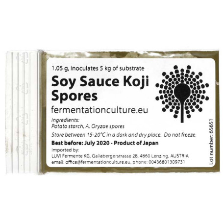 STOP MADSPILD (BEDST FØR 30/08/26) - Soja Sauce Koji Sporer 1,05g - Dette er en Koji stamme der bruges til sojasovs, med stærk protease aktivitet. Den er bedst til langtidsfermenterede, mørke soja saucer.