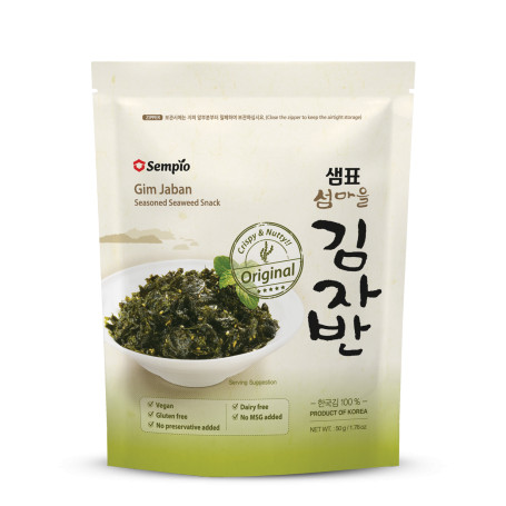 STOP MADSPILD (BEDST FØR 12/01/26) - Sempio Gim Jaban Original - Krydret Tang Drys - SUPER sprødt tangdrys af typen Gim Jaban smagt til med ristet sesamolie og sesamfrø. Perfekt til snack og topping af risretter med masser af saltet velsmag :D