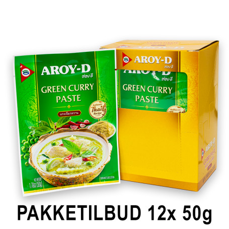 STOP MADSPILD (BEDST FØR 01/03/26) - PAKKETILBUD 12 STK. - Aroy-D Green Curry Paste 50g - Fantastisk smagfuld og aromatisk grøn karry pasta fra Aroy-D. Her får du fuld smæk på den autentiske thailandske smag af Green Curry.