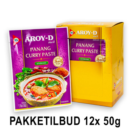 STOP MADSPILD (BEDST FØR 28/02/26) - PAKKETILBUD 12 STK. - Aroy-D Panang Curry Paste 50g - Fantastisk smagfuld og aromatisk karry pasta fra Aroy-D. Her får du fuld smæk på den autentiske thailandske smag af Panang Curry.