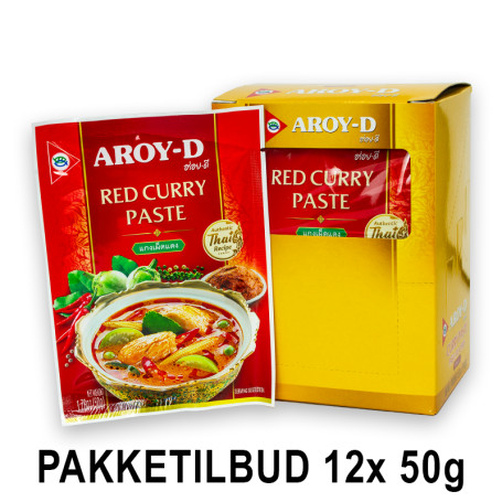 STOP MADSPILD (BEDST FØR 02/03/26) - PAKKETILBUD 12 STK. - Aroy-D Red Curry Paste 50g - Fantastisk smagfuld og mellemstærk rød karrypasta fra Aroy-D. Her får du fuld smæk på den autentiske thailandske smag af red curry!
