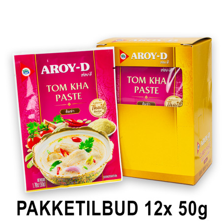 STOP MADSPILD (BEDST FØR 06/03/26) - PAKKETILBUD 12 STK. - Aroy-D Tom Kha Paste 50g - Fantastisk smagfuld og aromatisk tom kha pasta fra Aroy-D. Her får du fuld smæk på den autentiske thailandske smag af tom kha!