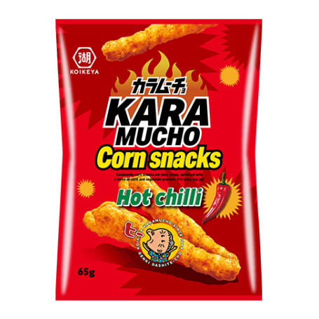 STOP MADSPILD (BEDST FØR 27/02/26) - KASSETILBUD (12 stk.) - Koikeya Spicy Karamucho Corn Snacks - Fantastiske sprøde majssnacks fra japanske Koikeya med sød og spicy chilismag. Prøv Japans egen spicy favoritsnack lige her!
