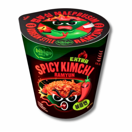Bibigo Spicy Kimchi Ramyun Cup 98g - Intet repræsenterer Korea bedre end lækker kimchi og med denne kopnudel version, får man kimchis lækre, spicy, smag PLUS kvaliteten af Bibigos ramyun.