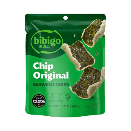 Bibigo Chip Original Gim Bugak Tang Snack - Sprødstegte seaweed chips fra koreanske Bibigo, der tager inspiration fra de traditionelle Gim-Bugak! En snack, der kombinerer koreansk tang og brun rispasta