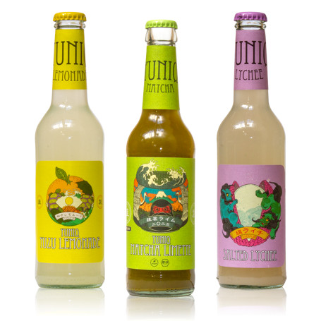 Yuniq Matcha, Litchi, Yuzu Læskedrik Smagspakke - 3 stk. - Luk op for en iskold nydelse med Yuniqs læskedrikke i Matcha, Litchi, og Yuzu smag! (＾▽＾)