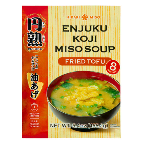 Hikari Miso Enjuku Koji Miso Suppe Stegt Tofu 155,2g - En autentisk japansk instant-misosuppe med en rig umami-smag, og den er spækket med gyldne, friturestegte tofustrimler og klassisk wakame-tang.