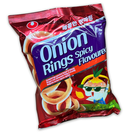 Nongshim Hot & Spicy Chili Onion Rings Snack 40g - Luftige hvedesnacks fra koreanske Nongshim med chili og velsmagende løgkrydderi. Super sprøde og fantastiske at dyppe i en lækker sauce!