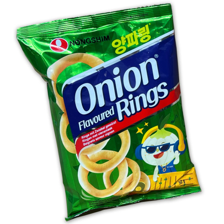 Nongshim Onion Rings Snack 50g - Luftige hvedesnacks fra koreanske Nongshim med løgsmag. Super sprøde og fantastiske at dyppe i en lækker sauce!