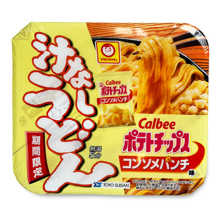 Maruchan X Calbee Yaki Udon Consommé 108g - Lækre stegte, tykke udon nudler svøbt i en let, men intens smag af kyllinge- og oksekød consommé for en u-fedtet, ren smagsoplevelse af "yaki udon" (⁠^⁠0⁠^⁠)  