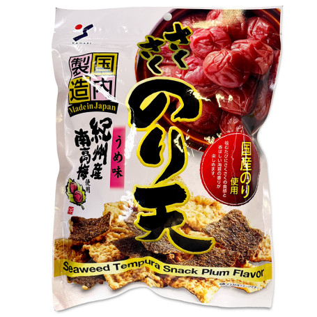Yamaei Crunchy Nori Ten Chips Plum 70g - Denne blommesmagfulde tangtempura tilbyder en dejlig sprød tekstur og duftende aroma med hver bid.