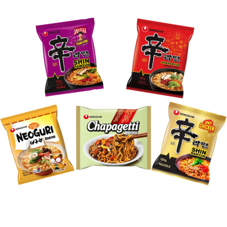 Nongshim Ramyun Instant Nudler 5-pak Smagspakke - Prøv nogen af koreanske Nongshims vidt forskellige - men lige lækre ;) - instant nudler i denne smagspakke, som har noget for alle!