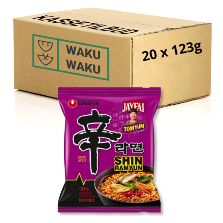 KORT DATO (28/11/26) - KASSETILBUD (20 stk.) - Nongshim Shin Ramyun TOM YUM Instant Nudler 123g - Oplev alletiders instant nudler, der, ifølge sloganet, kan få selve livet til at græde. Shin Ramyun TOM YUM fås her med smag af den klassiske thai suppe!