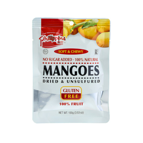 Philippine Brand 100% Naturlig Tørret Mango 100g - 100% naturlige skiver af tropisk, mango fra Philippinerne med det helt rigtige bid. Tørret og klar til at spise, og helt uden tilsætningsstoffer. 