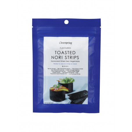 Clearspring Toasted Nori Strips - Ristede nori tang plader med smag - perfekt til wraps, sushi, topping eller som snack. Fantastisk smagfuld, ristet tang.