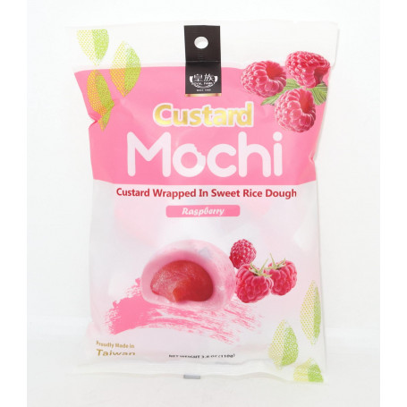 Custard Raspberry Mochi 110g - Blødt mochi-slik fremstillet af klæberis med en lækker midte af forfriskende sød hindbærcreme.