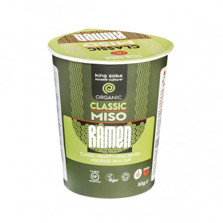 King Soba Classic Miso Ramen Økologiske Instant Kop Nudler - Glutenfri, økologiske, veganske instant kopnudler klar på under 5 minutter! Fuld af fantastisk miso smag og skønne nudler af brune ris.