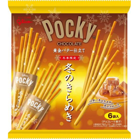 Pocky Salted Caramel Winter Limited Edition 6-pak - De velkendte Pocky kiksestænger i en særlig dekadent vinterudgave, der smelter i munden! En kiks med brunet smør overtrukket med et tykt lag saltet karamel.