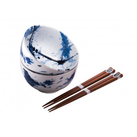 Skåle Japansk Keramik Sæt 2 Skåle Med Spisepinde 13cm Akvarel VHC0315