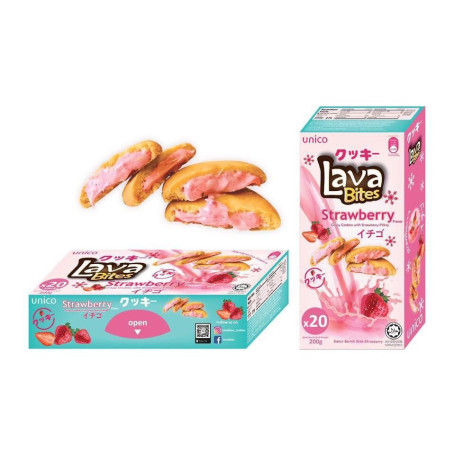 Unico Lava Bites Strawberry Cookies - Lækre cookies fyldt med intens, flydende jordbær creme - hver Lava Bite er en unik kombination af sprød cookie og cremet fyld.