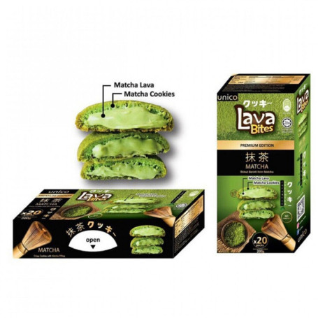 Unico Lava Bites Matcha Cookies - Lækre cookies fyldt med intens, flydende matcha grøn te creme - hver Lava Bite er en unik kombination af sprød cookie og cremet fyld.