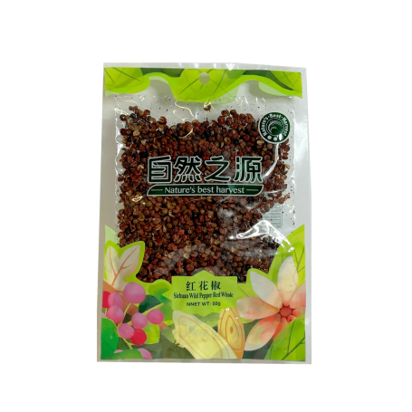 Sichuan Vild Rød Peber Hele Korn 50g - Aromatiske røde peberkorn - også kendt som sichuan peber eller szechuan peber. En unik type peber der giver en prikkende fornemmelse i munden.