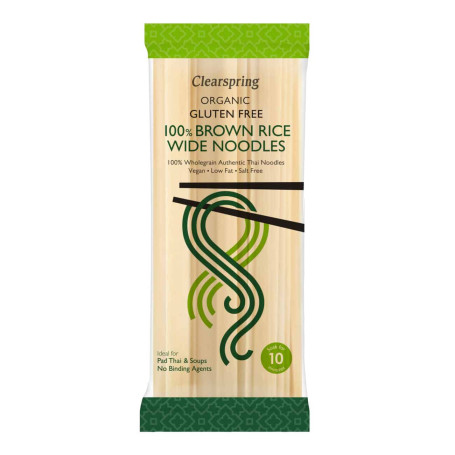 Clearspring 100% Brune Ris Brede Nudler Økologisk 200g - Økologiske nudler fremstillet af brune ris. Nudlerne er fremstillet af fuldkorn og er både glutenfri, veganske, uden tilsat salt og med lavt fedtindhold.