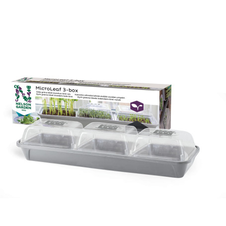 Nelson Garden MicroLeaf 3-box - Funktionel Micro Leaf boks af hård plast til dyrkning af grønne blade indendørs året rundt. Låg med ventilation. Bunddel og dyrkningsbakke tåler maskinopvask.