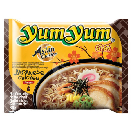 Yum Yum Japanese Shoyu Chicken Flavour Instant Nudler 60g - Fantastiske YumYum instantnudler med lækker smag af japansk kylling med sojasauce. Et must try for nudel-elskere!