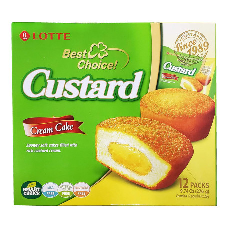 Lotte Custard Cream Cake 276g - Lækre små bløde muffins med en fyldig custard creme i midten. Individuelt pakket for maksimal friskhed - super gode til madpakken eller på farten!