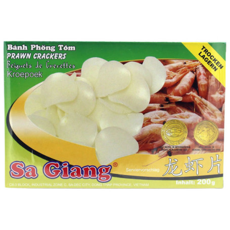 Sa Giang Kroepoek Rå Rejechips 200g - Er du vild med rejechips? Så skulle du prøve dem friske fra frituren i dit eget køkken - og det kan du med disse rå rejechips!