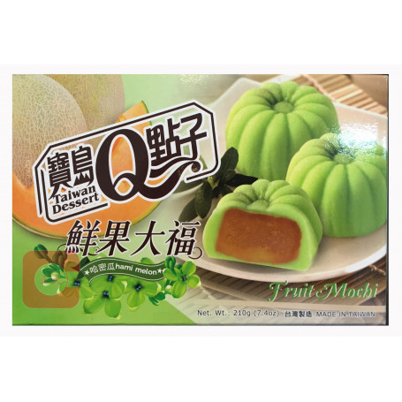 He Fong Hami Melon Fruit Mochi 210g - Mochi slik med sødt fyld af Hami melon - traditionelt japansk slik lavet på klæberis.