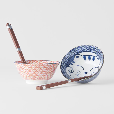 Serveringssæt Japansk Keramik Sæt 2 Skåle Med Spisepinde 15cm Rød/Blå Maneki Neko VHRW0024