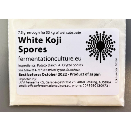 White Koji Sporer 7,5g - Modsat mange andre Koji sporer, har denne stamme helt hvide sporer. Den bruges hovedsageligt til lys/hvid miso og Amazake.