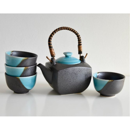 Serveringssæt Japansk Keramik Tekande med 4 Kopper Aqua Kusabi VHRW0029