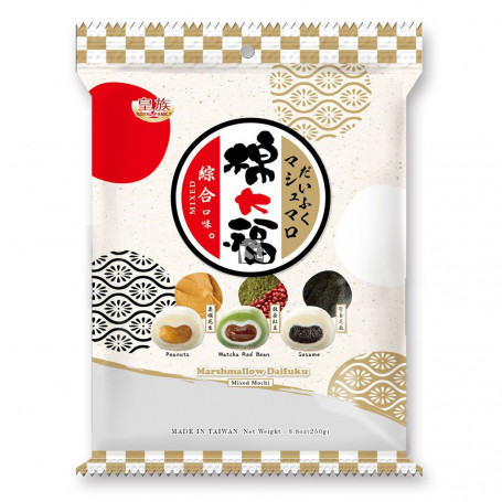 Daifuku Mixed Marshmallow Mochi 250g - Mochi slik med skumfidus og sødt fyld af sesamfrø, peanuts og røde bønner - traditionelt japansk slik lavet på klæberis
