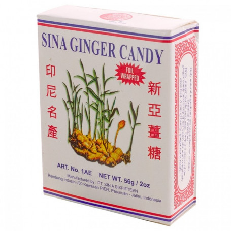 Sina Ginger Candy - Ingefærslik 56g - Lækkert ingefærslik der er kendt og elsket i mange asiatiske lande. Behagelig skarphed fra ingefær og sødme fra rørsukker.