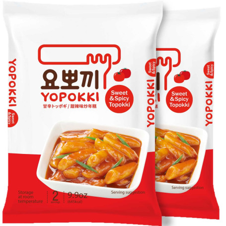 Yopokki Sweet & Spicy Topokki Riskager 140g - Lækre chewy koreanske riskager, også kaldet Tteokbokki, i en sød og spicy sauce. Tilberedes over komfuret på ganske få minutter.