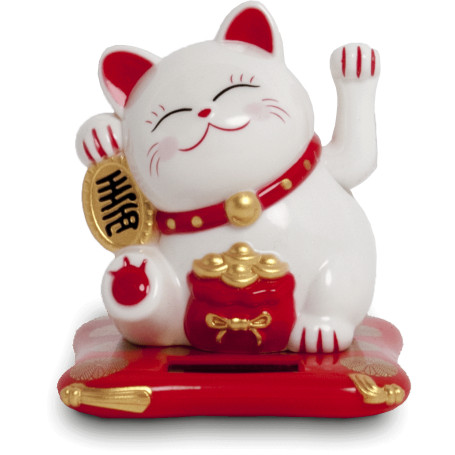 Maneki Neko Vinkekat/Lykkekat Solcelle 7,5cm - Lille - Maneki Neko er en lykkebringende kattefigur der ses mange steder i Japan og andre asiatiske lande. Denne udgave er 7,5cm høj og drives af en lille solcelle.