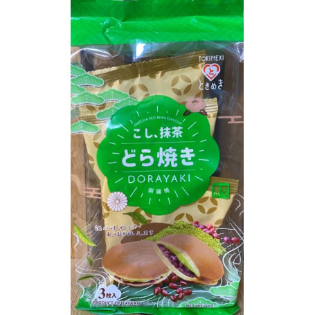 Tokimeki Dorayaki Matcha Red Bean Pancake 165g - En autentisk japansk kage bestående af lækkert matcha- og anko-fyld mellem to bagte pandekager. De er fluffy, glatte og smager dejligt sødt. Pakke med 3 stk.