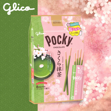 Pocky Sakura Matcha Limited Edition 8-pak - De velkendte sprøde Pocky kiksestænger med smag af grøn the og kirseblomster, der bare emmer af japansk forår!