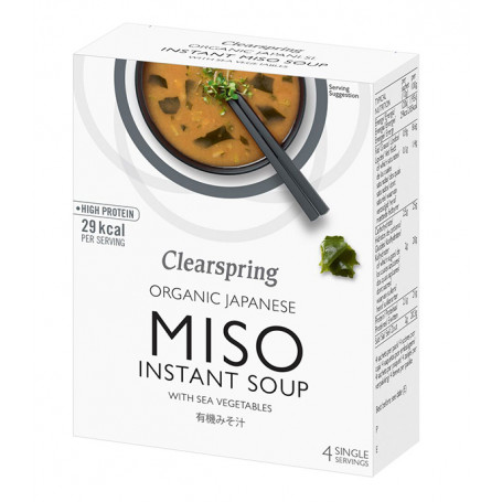 Clearspring Instant Miso Suppe Sød Hvid Miso med Wakame Tang - Instant sød hvid miso suppe med wakame tang i smarte breve - lav lækker misosuppe på ingen tid! Pakken indeholder 4 breve á 10g.
