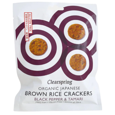 Clearspring Black Pepper & Tamari Rice Crackers 40g Økologisk - Økologiske, hvedefri, rice crackers af brune ris med sort peber og tamari. 100% økologiske.