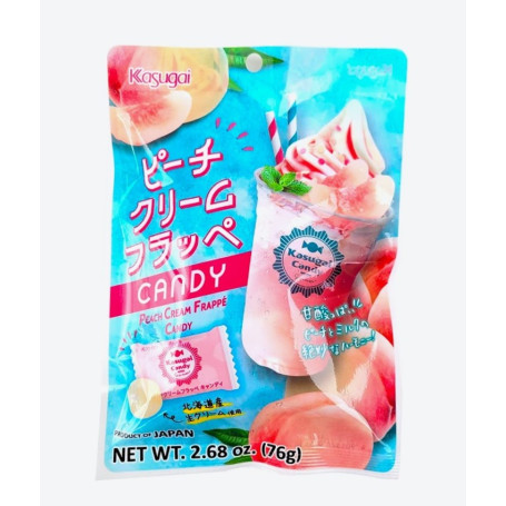 Kasugai Peach Cream Frappé Candy 75g - Lækre japanske bolsjer (i en indpakning, der bare siger SOMMER!) med en sød og cremet ferskensmag inspireret af en skummende frappé mælkedrik :)