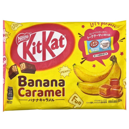 KitKat Minis Banana Caramel - Smag på endnu en tilføjelse til KitKats store udvalg - smagen af let saltet karamel, lækker banan og mørk chokolade!