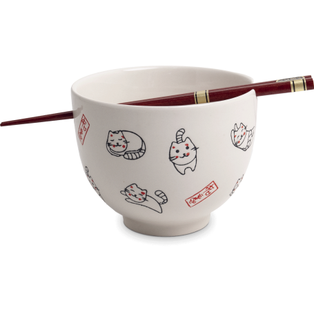 Soba Skål Happy Cat Med Spisepinde - Kawaii skål med søde kattemotiver og medfølgende spisepinde - bruges traditionelt set til Soba nudler, men er også god til risretter, nudelretter og meget mere.