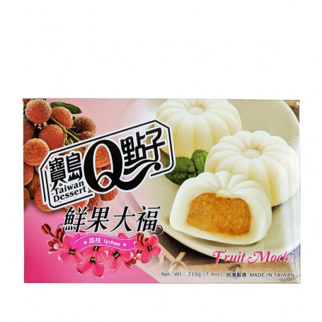 He Fong Lychee Fruit Mochi 210g - Mochi slik med sødt fyld af Litchi frugt - traditionelt japansk slik lavet på klæberis