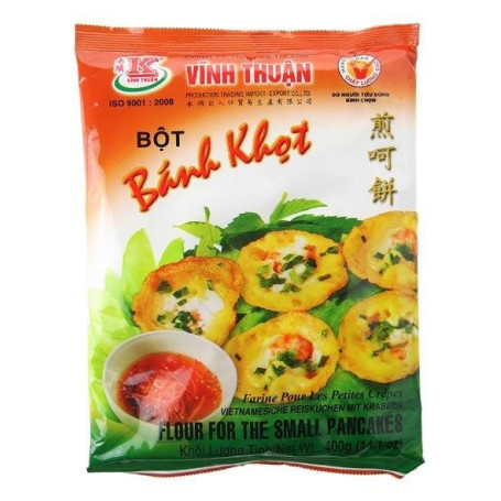 Vinh Thuan Bot Banh Khot Pandekagemel 400g - Vietnamesisk melblanding til fremstilling af de lækre små Banh Khot pandekager - en klassiker i det vietnamesiske køkken.